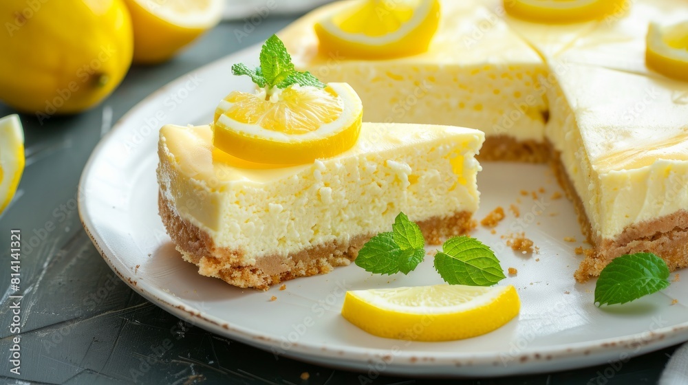 Close-up view of pieces of homemade lemon cheesecake on a plate, highlighting the creamy texture and fresh lemon garnish