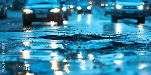 Busy street with cars swerving around potholes. Concept Potholes, Car Swerving, Busy Street, Road Hazards photo