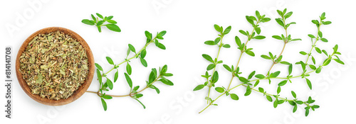 Dried thyme leaves in the wooden bowl, with fresh thyme isolated on white background. Top view