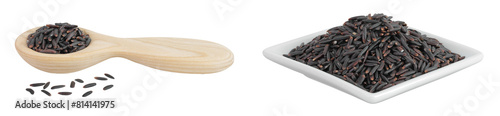 Black rice in a wooden spoon and ceramic bowl isolated on white background with full depth of field