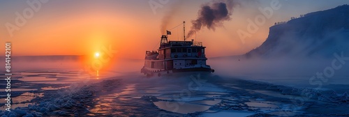 A ferry from the east coast to Olkhon Island Khuzhir at sunrise, Lake Baikal, From the side of the island realistic nature and landscape photo