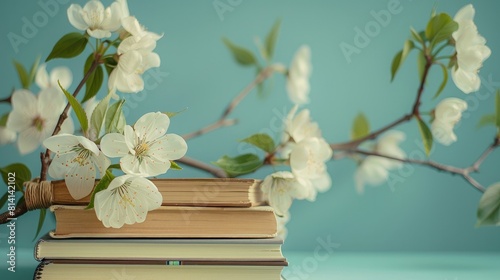 A stack of books accompanied by delicate branch flowers, symbolizing knowledge and creativity for World Book Da photo