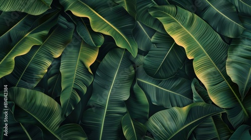A close-up of a tropical banana leaf showcasing its texture, the image features large palm foliage with a rich dark green color