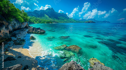 Exotic island delights: Scenic coastline with turquoise waters and lush vegetation © senadesign