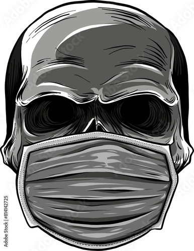monochrome Skull in the medical mask. Vintage vector illustration