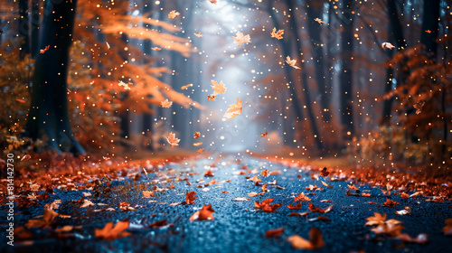 Colorful leaves fall gently on a quiet path in the forest