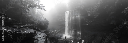 A foggy morning at Kaaterskill Falls in the Catskills Mountains in Haines Falls, New York, (Black and White) realistic nature and landscape photo