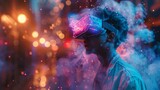 A Vibrant Illustration of a Young Man Surrounded by Swirling Clouds of Digital Code and Neon Lights in a Virtual Reality