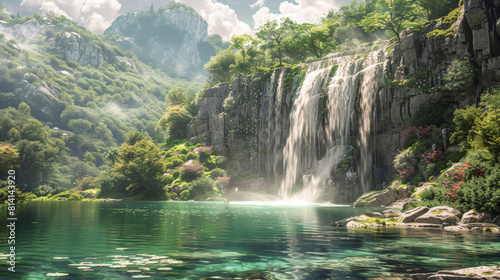 Natural Beauty: A waterfall cascades into an emerald pool