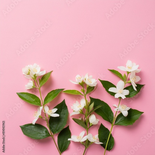 jasmine flowers on pink background  top view with copy space