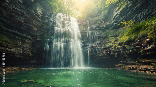 Natural Beauty: A waterfall cascades into an emerald pool photo