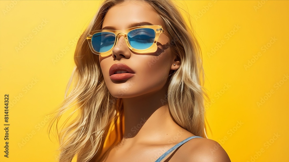 A beautiful blonde woman wearing sunglasses against a yellow background. A beautiful blonde woman wearing sunglasses against a yellow background.