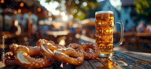 Glass of Beer and Pretzels on Table
