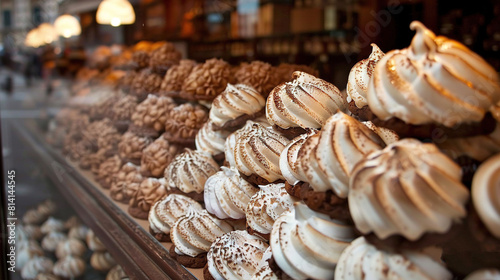  A wooden table showcases various cookies & pastries in a display case