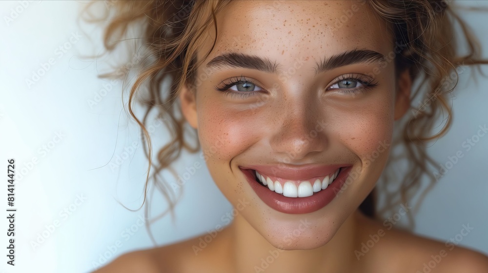 A woman with freckles smiling with her eyes closed. A woman with freckles smiling with her eyes closed.