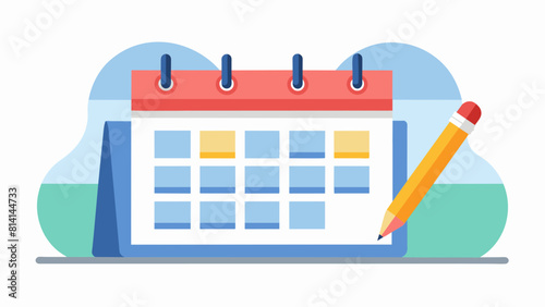 White paper monthly calendar and pencil on the desk. Planning  scheduling  time management concept. Organizing work tasks  daily events  business meetings. Isolated flat vector illustration