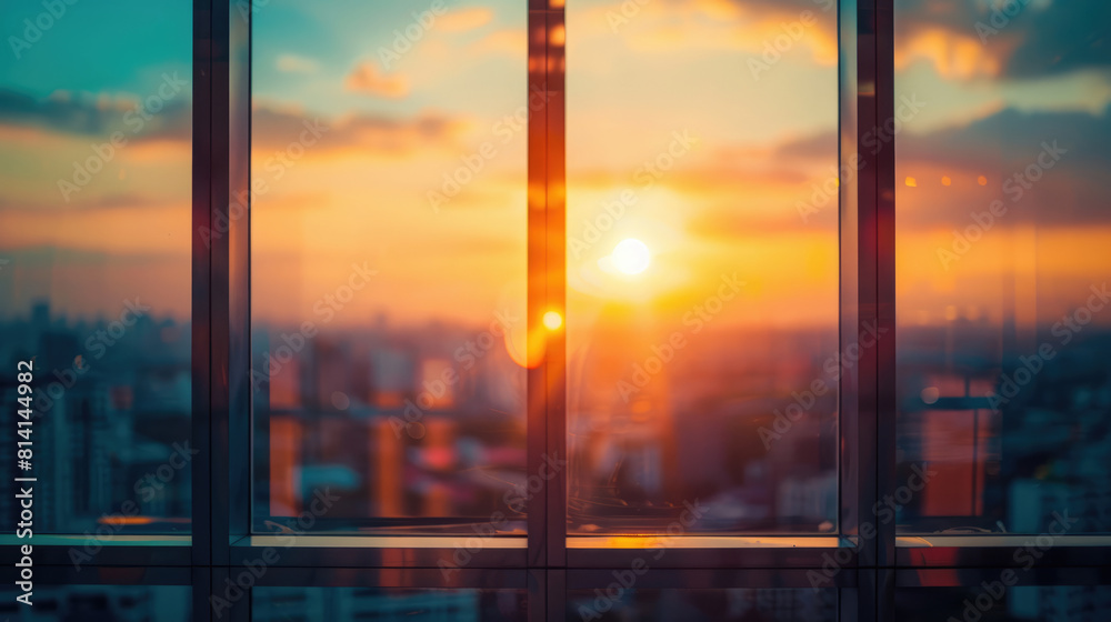 Panoramic window overlooking the sunset over the city horizon Panoramic window overlooking the sunset over the city horizon