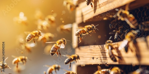 Wooden beehive close up view with flying bees