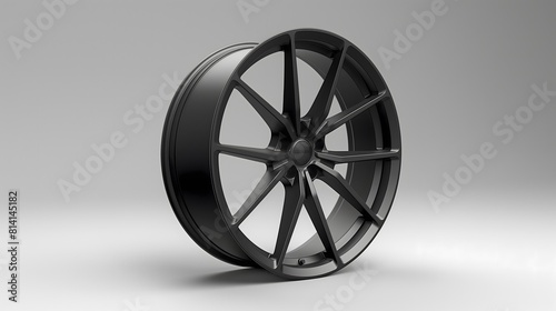 Matte black alloy car rim on a gray background