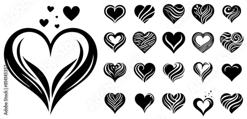 Small hearts icons, black and white vector with transparent background, monochrome colorless illustration, decorative shape sketch for laser cutting engraving and printing