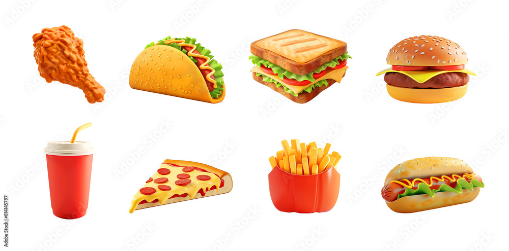 Fast food set on a transparent background. Fast food and takeaway concept. Design for menu, poster, advertisement Fast food set on a transparent background. Fast food and takeaway concept. Design for menu, poster, advertisement