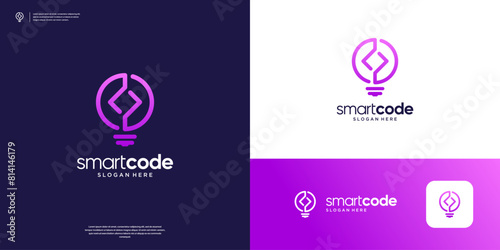 Innovation coding logo icon. Creative light bulb and code line art logo design.