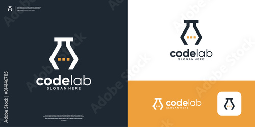 Simple coding symbol with abstract glass lab logo design template.