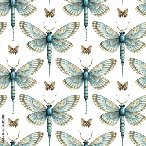 A pattern of blue and white butterflies and dragonflies.Seamless pattern for textile or scrapbook paper.