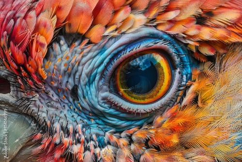 Close-up of vibrant bird's eye showing colorful iris and detailed plumage with galliformes beak and snout in view photo