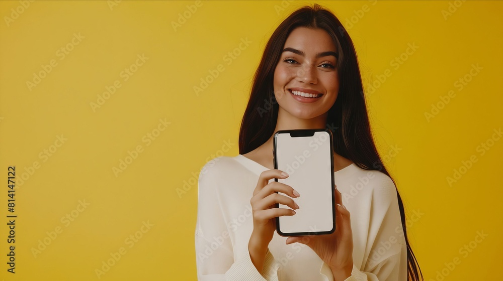 A woman holding a smartphone with blank screen. A woman holding a smartphone with blank screen.