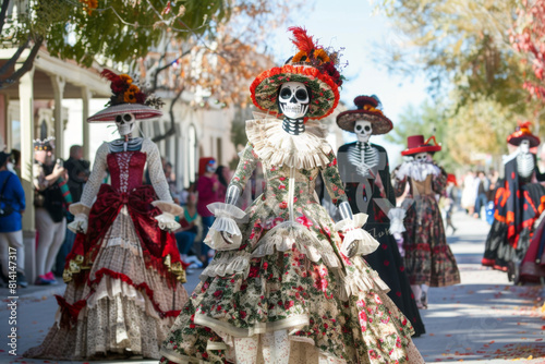 Catherine Parade. Catherine's festive procession parades through the streets in elegant dresses and ornate hats, celebrating the beauty of life and death during Dia de los Muertos