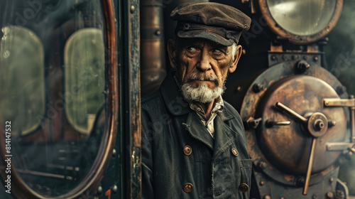 Portrait of an old retro train driver