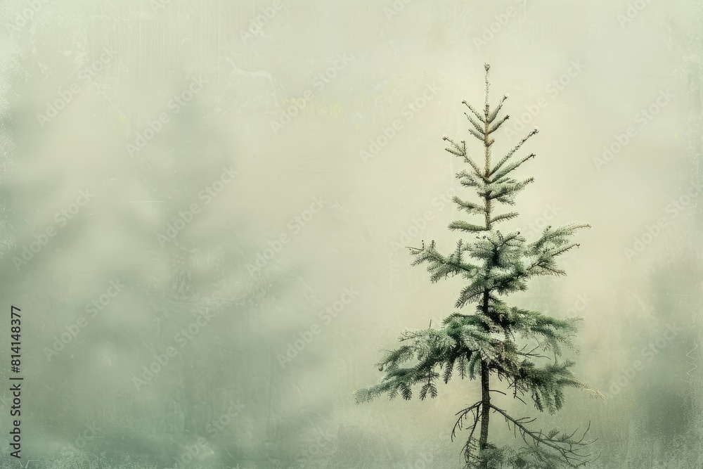 Obraz premium A closeup of a single tall pine tree standing amidst a foggy forest, its branches covered in mist