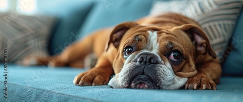 Brown and White Dog Laying on Blue Couch