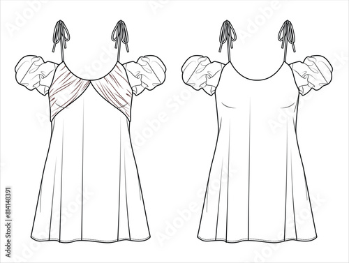 Vector woman summer flare dress fashion CAD, mini dress with shoulder straps technical drawing, template, flat, sketch. Jersey or woven fabric 2 pcs set of dress with front view, white color