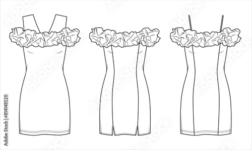 Vector woman off shoulder bodycon dress fashion CAD, mini dress with shoulder straps technical drawing, template, flat, sketch. Jersey or woven fabric 3 pcs set dress with front view, white color