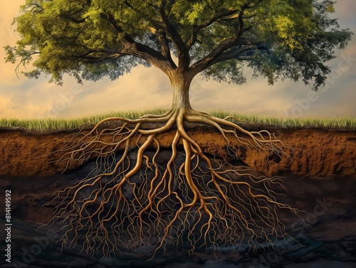 A tree with its roots visible in the ground. The roots are spread out and deep, showing the tree's strength and stability. Concept of growth and resilience photo