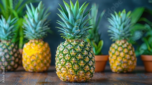  A cluster of pineapples resting on a wooden table beside miniature pineapple pots