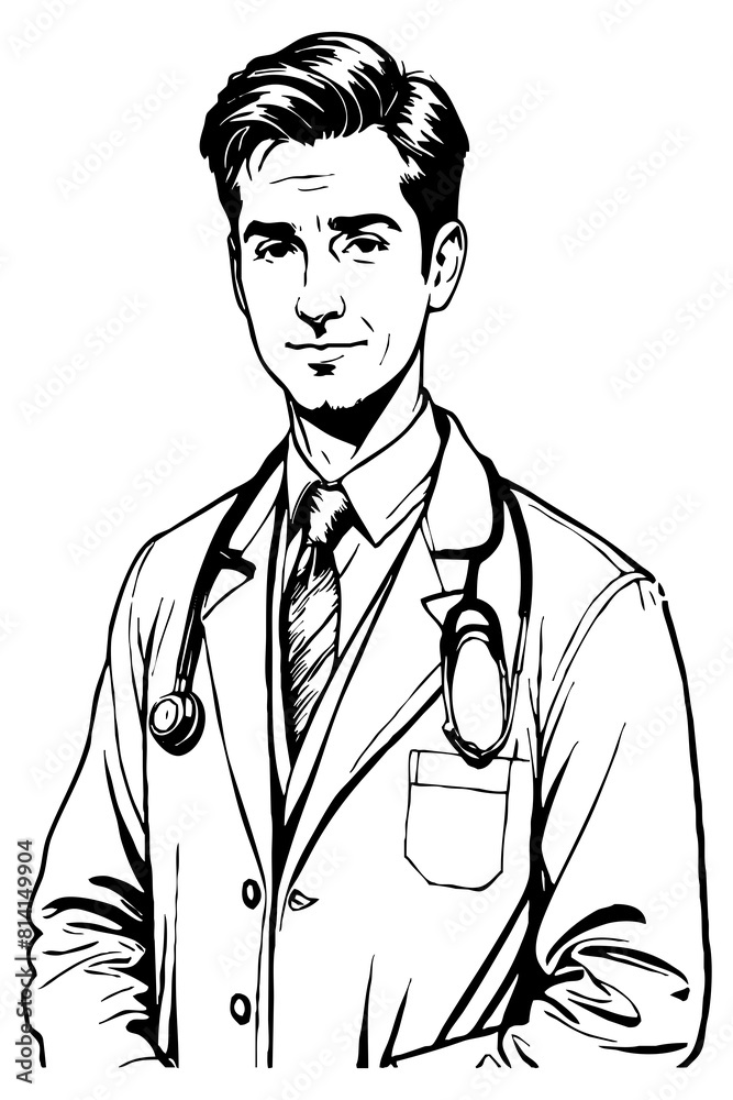 Doctor . Fictional character . Black and white line art. Generated by Ai Doctor . Fictional character . Black and white line art. Generated by Ai