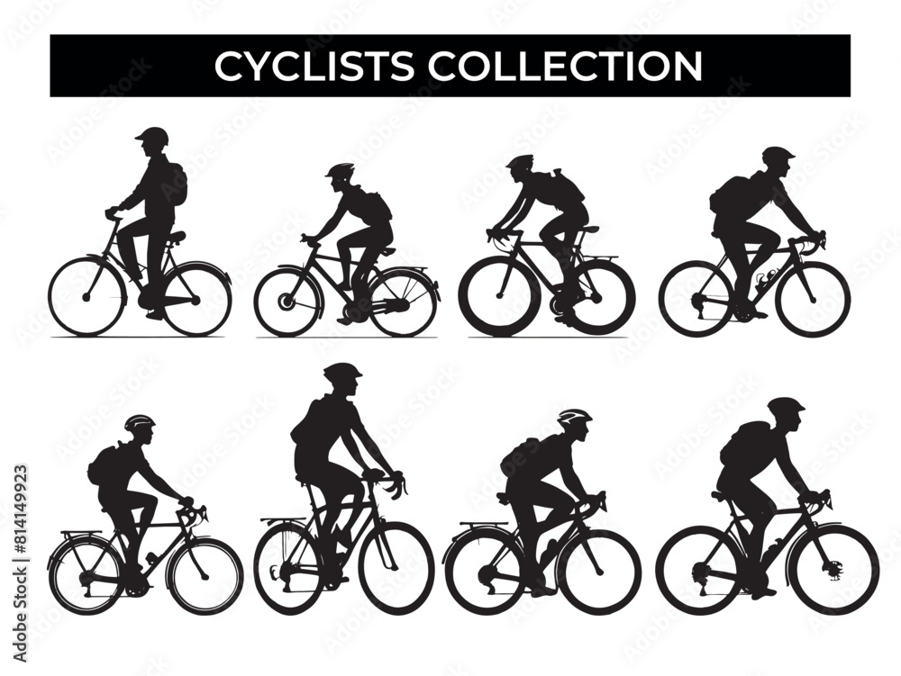 Obraz premium Silhouettes of Cyclists Riding Bicycles on a White Background