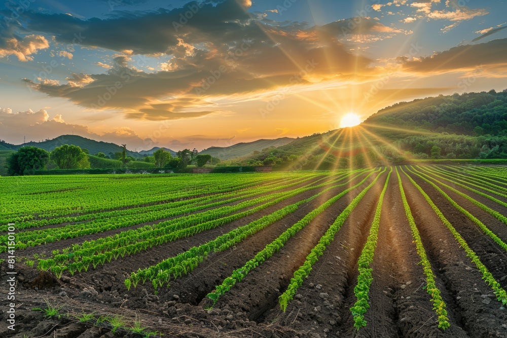 Sunrise casting sunlight over a field of crops with rows of young plants reaching towards the sky Sunrise casting sunlight over a field of crops with rows of young plants reaching towards the sky