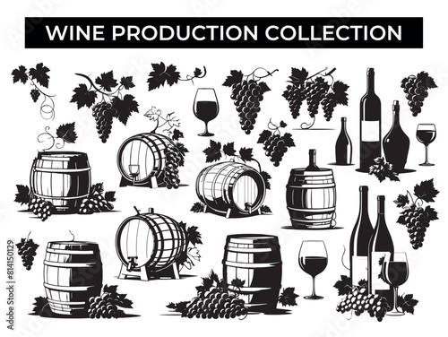 Wine Production Collection With Barrels and Bottles