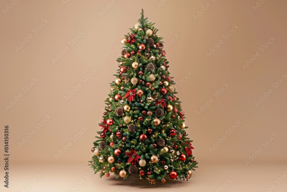 A full-height view of a decorated Christmas tree with red and gold ornaments on a beige background A full-height view of a decorated Christmas tree with red and gold ornaments on a beige background