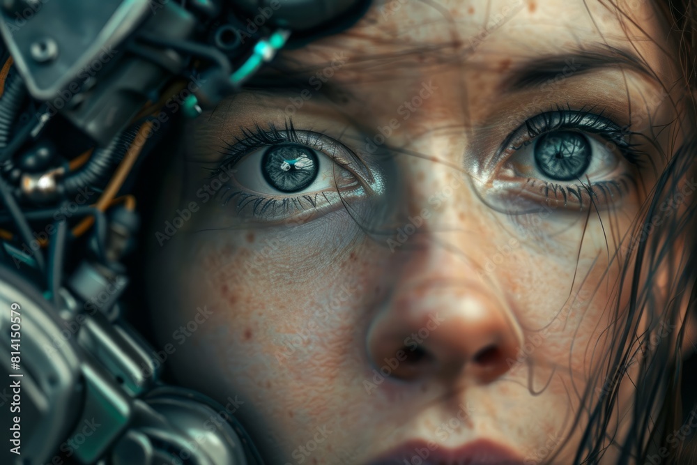 Close-up of woman with intense eyes fixated on AI robot on her face Close-up of woman with intense eyes fixated on AI robot on her face