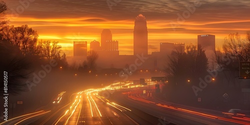 Colorful foggy sunrise over Charlotte NC during busy morning rush hour. Concept Scenic Sunrise, Vibrant Colors, Urban Landscape, Morning Commute, Charlotte Skyline