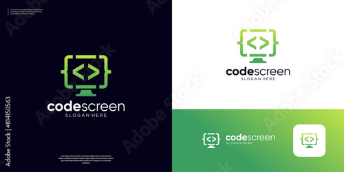 Modern programer code logo icon. Monitor computer coding logo design template.