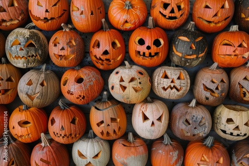 Many carved pumpkins arranged creatively in a row for Halloween decorations
