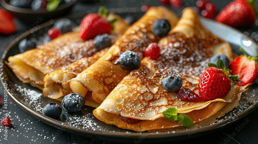 A plate with pancakes dusted in powdered sugar, strawberries, and blueberries next to a bowl of strawberries A plate with pancakes dusted in powdered sugar, strawberries, and blueberries next to a bowl of strawberries
