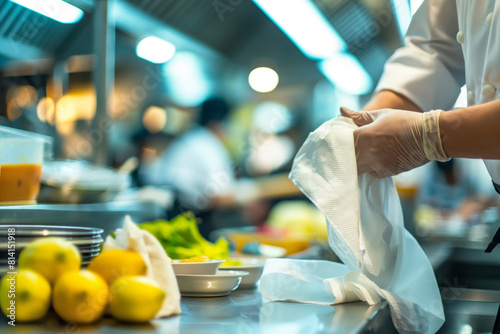 Chef in a busy professional kitchen wiping hands with a paper towel