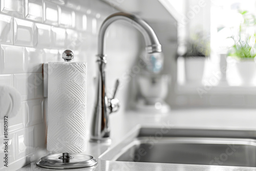 Modern white kitchen with a sleek stainless steel sink and a roll of paper towels on the countertop